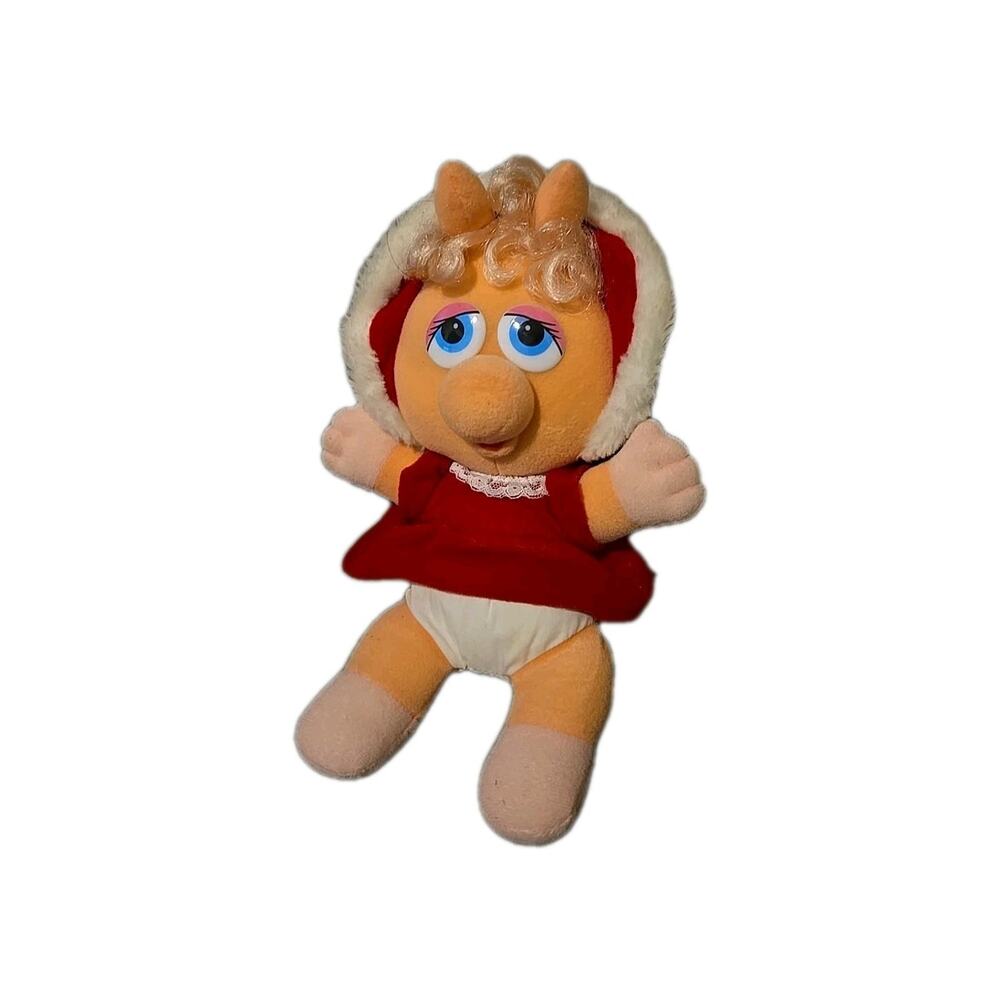 Jim Henson Muppets 1987 Baby Miss Piggy Plush Doll Red Dress Bonnet 11" Christma